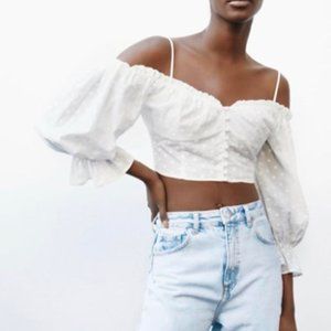 White Zara Embroidered Long Sleeve Crop Top
